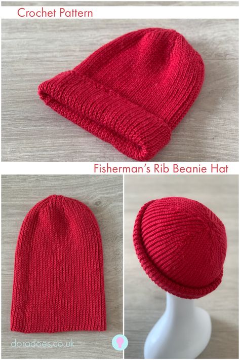 A new approach to the classic crochet fisherman’s rib slouchy beanie hat. No gather at the top of the head so no need to cover the top of the hat with a pom pom (we’ve all done it!) This pattern is written in 4 sizes in 3 different yarn weights using US crochet terms. The 4ply adult size version is given as a free crochet pattern on the dora does blog, including a video tutorial. The paid PDF includes all sizes and weights and an additional photo guide. Click to learn more Fisherman Crochet Hat, Knit Look Crochet Beanie Free Pattern, Crochet Knit Beanie, Magic Circle Crochet Beanie, Fisherman’s Beanie Crochet, Top Down Hat Knitting Patterns, Crochet Beanie Pattern Free Magic Circle, Top Down Hat Crochet, Top Down Knit Hat Pattern Free