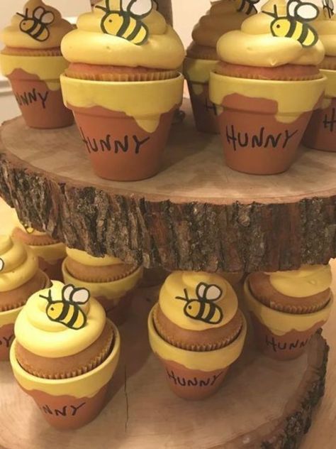 Winnie The Pooh Pots Diy, Winnie The Pooh Gender Reveal Cupcakes, Bee Themed Food Snacks, Honey Pot Baby Shower Ideas, Vintage Winnie The Pooh Cupcakes, Whinne Pooh Baby Shower Ideas, Adult Winnie The Pooh Party, Honey Bee Baby Shower Ideas Boy, Diy Winnie The Pooh Cake