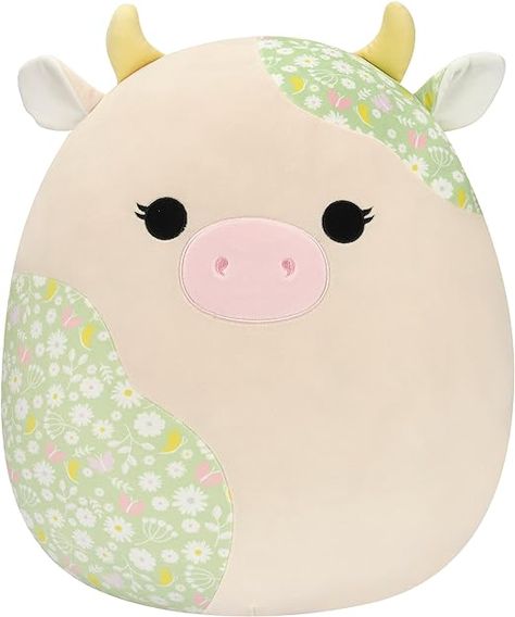 Amazon.com: Squishmallows Original 16-Inch Ada Cream Cow with Green Floral Print Spots - Official Jazwares Large Plush : Toys & Games Cute Pink Squishmallow, Preppy Squish Mellows, Spring Squishmallow, Squishmallow Mushroom, Popular Squishmallows, Squash Mellows, Squishmallows Big, Squishmallows Aesthetic, Bur Basket