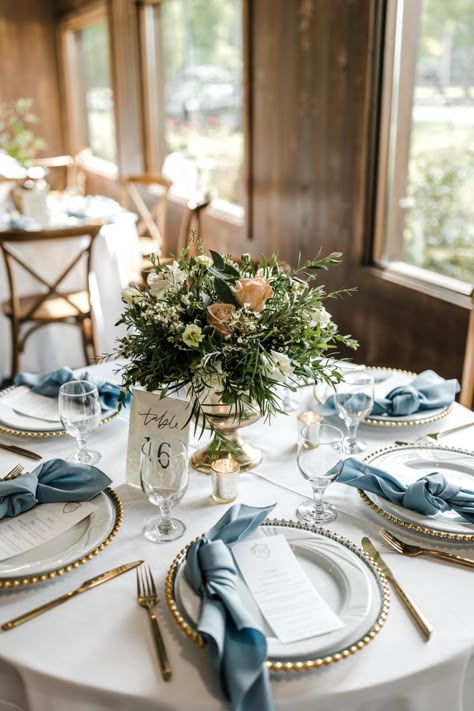 Dusty Blue Table Arrangements, Dusty Blue And Moss Green Wedding, Slate Blue Wedding Table Decor, Dusty Blue Plate Setting, Shades Of Blue Table Setting, Dusty Blue Table Cloth Wedding, Napkin Arrangement For Wedding, Dusty Blue And Gold Wedding Table, Dust Blue Wedding Theme