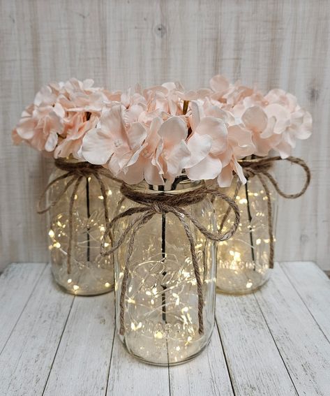 Set of 3 Hydrangea Lighted Mason Jar Centerpieces, Wedding Decor, Event Centerpieces, Mason Jars With Lights, Farmhouse Decor - Etsy Lighted Mason Jar Centerpieces, Mason Jar With Lights, Jar With Lights, Mason Jars With Lights, Event Centerpieces, Rose Gold Wedding Decor, Wedding Centerpieces Mason Jars, Pink Mason Jars, Lighted Centerpieces