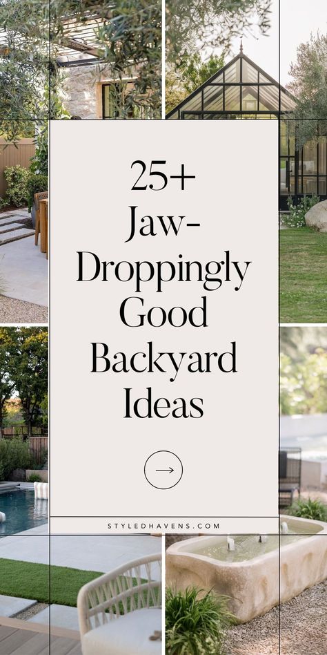 Searching for modern backyard ideas? Whether you're planning a backyard seating or other outdoor seating area, or are on the hunt for some *really good* patio inspiration, these GORGEOUS backyard inspiration are a MUST-SEE. See our fav outdoor backyard decorating ideas and how we'd recreate each of these beautiful outdoor ideas PLUS shop the post as you go! ->>> Backyard Courtyard Ideas Patio Design, Small Flat Backyard Ideas, Outside Living Room Backyards, Simple Outdoor Area, Medium Sized Backyard Ideas, Fun Outdoor Spaces, Fire Pit And Grill Area Patio Design, Spa Like Backyard, Art Deco Backyard