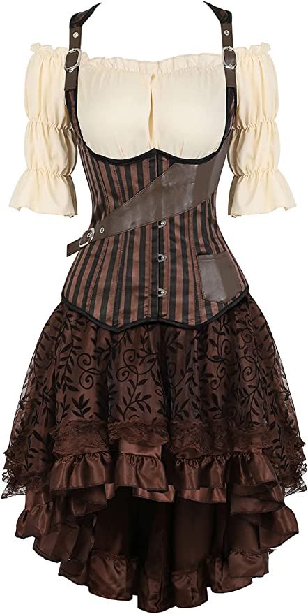 Amazon.com: Steampunk Costume Women Adult Steampunk Corset Dress Plus Size Strap Corset with Skirt and Pirate Blouse Set Brown L: Clothing, Shoes & Jewelry Gothic Corset Dress, Gothic Corset Dresses, Pirate Corset, Plus Size Steampunk, Steampunk Corset Dress, Blouse Corset, Pirate Dress, Female Pirate Costume, Floral Lace Skirt