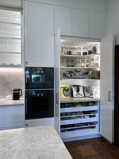 PANTRY - Blum soft closing drawers, shaped shelving for easy access to the top section with adjustable shelving optimising the use of the whole pantry. Creating a pantry haven! ! #pantrygoals #pantryideas #custompantry#customdesign #localbusiness #customkitchen#kitchensbyemanuel #kbecastlehill #softclosedrawers #blum#pantryinspo #functionalpantry #pantrydrawers#pantryshelves #pantryorganisation #pantryorganization#doubledrawers #doublepantry #narrowshelves#shapedshelving #pantryhaven Built In Pantry With Countertop, Fridge And Pantry Wall, Creating A Pantry, Pantry Modern, Pantry Drawers, Built In Pantry, Custom Pantry, Pantry Organisation, Narrow Shelves