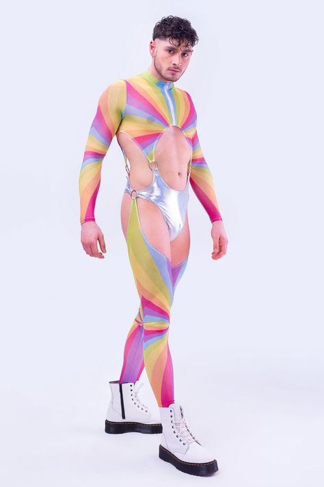 Lovely an oversized it’s cool to the feel and the quality is amazing Gay Costume, Rave Bodysuit, Holographic Fabric, Gay Outfit, Pride Outfit, Saturated Color, Rave Outfits, Unique Designers, Gay Pride