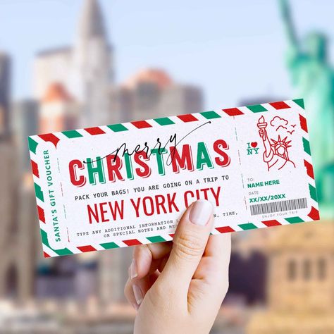 Surprise New York Trip Gift Ticket Voucher Movie Night Tickets, Gift Tickets, Christmas Spa, New York Noel, Christmas New York, Christmas Vouchers, Christmas Gift Vouchers, Nyc Vacation, Boarding Pass Template