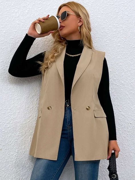 Long Vest Outfit Fall, Blazer Vest Outfits For Women, Long Vest Outfits For Women, Sleeveless Blazer Outfit, Long Vest Outfit, Outfit Mit Blazer, Vest Outfits For Women, Blazer Plus Size, Button Shawl