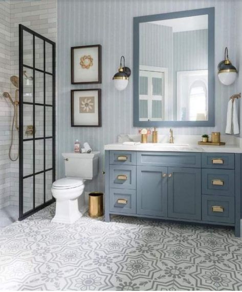 Coastal Blue Bathroom, Blue Bathrooms Designs, Outdoor Living Kitchen, Cement Tile Shop, Blue Vanity, Coastal Bathrooms, Blue Cabinets, Gorgeous Bathroom, Bathroom Inspiration Decor