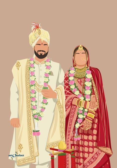 Marriage Illustration Couple, Indian Wedding Caricature Couple, Birthday Party Guest Outfit, Indian Wedding Couple Illustration, Wedding Caricature Couple, Bride Caricature, Indian Wedding Illustration, Indian Wedding Caricature, Party Guest Outfit