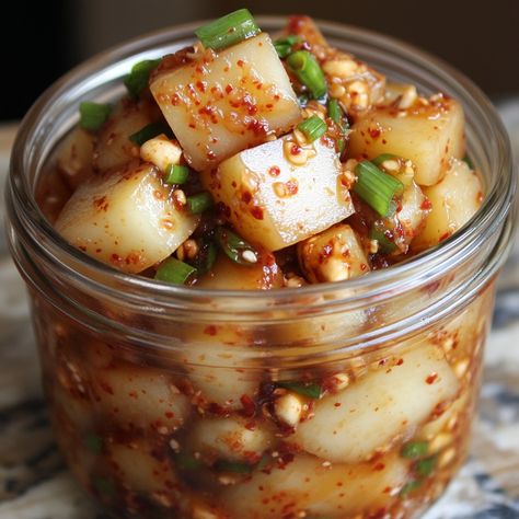 🌶️ Try Ggakdugi for a crunchy, spicy twist on traditional kimchi! Perfect for adding zest to any meal. 🥒✨ #Ggakdugi #Kimchi Ggakdugi (Cubed Radish Kimchi) Ingredients: Daikon radish (1 large, peeled and cubed) Korean chili flakes (1/4 cup) Fish sauce (2 tbsp) Sugar (2 tbsp) Garlic (4 cloves, minced) Ginger (1 tbsp, minced) Green onions (3, chopped) Instructions: Mix radish cubes with salt and let sit for 30 minutes. Rinse and drain. Combine chili flakes, fish sauce, sugar, garlic, and gin... Kimchi Ingredients, Green Onion Kimchi, Onion Kimchi, Traditional Kimchi, Korean Chili Flakes, Radish Kimchi, Korean Chili, Daikon Radish, Instagram Recipes