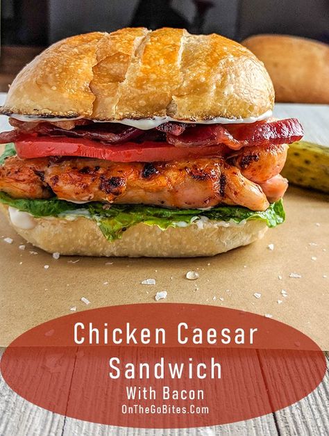 Our Chicken Caesar Sandwich is the best of all worlds.  We blend savory, juicy chicken with a Caesar aioli, crisp bacon, ripe tomato on a soft bun.  Easy weeknight meal, on-the-go lunch sandwich, picnic or tailgate or lunchbox. Caesar Salad Chicken, Crisp Sandwich, Club Sandwich Ingredients, Caesar Sandwich, Sandwich With Bacon, Chicken Caesar Sandwich, Sandwich Rolls, College Cooking, Salad Chicken