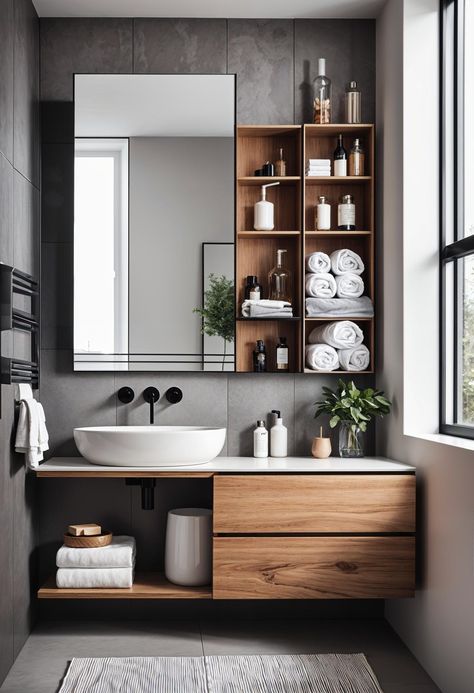 The Best Bathroom Design, Room With Bathroom Ideas, New House Room Ideas, Bathroom Smart Ideas, Bathroom Styling Ideas Decor, Bathroom Inspo Black And White, Bathroom Inspiration Aesthetic, Brown Black And White Bathroom, One Sink Bathroom Ideas