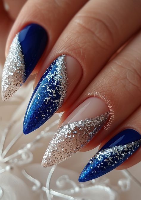 Royal Blue Nails Designs For Prom, Royal Blue Nails For Wedding, Blue Nails With Silver Design, Royal Blue Silver Nails, Blue Nails For Wedding, Royal Blue Almond Nails Design, Royal Blue Nails Ideas, Royal Blue Stiletto Nails, Royal Blue Ombre Nails