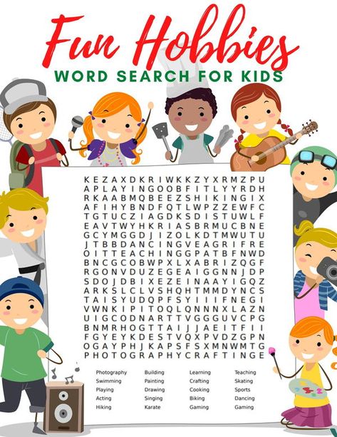 Swimming, biking, crafting, acting, painting. What hobbies do your children enjoy?  There are so many fun different hobbies that we can explore in our spare time and to help your family explore some new hobby ideas for kids, we’ve created this fun Fun Hobbies Word Search and Fun Hobbies Word Scramble for kids. If your kids are looking for some new activities or hobbies to enjoy have them explore some fun new ideas with this free hobbies word search and word scramble. New Hobby Ideas, Free Hobbies, Word Scramble For Kids, Different Hobbies, Kids Word Search, Fun Worksheets For Kids, Free Time Activities, Free Kids Coloring Pages, Hobbies For Kids