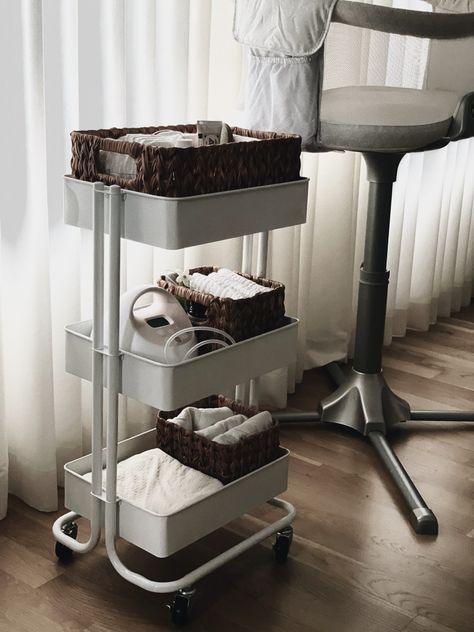 Living Room Diaper Storage, Newborn Essentials Cart, Baby Storage Cart, Baby Cart Organizer, Baby Cart Ideas, Rolling Cart Baby Shower Gift, Diaper Cart Essentials, Baby Caddy Organizer Cart, Newborn Rolling Cart