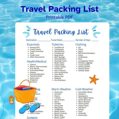 Reduce Travel Stress with this Handy Packing List. Travel packing can be stressful, but this super handy travel packing list makes it a breeze. Just tick off any items you've packed already, and you're good to go! It's that easy. If your travel essentials are different from those suggested, don't worry – there's a blank template for you to create your own personalized list. Holiday Packing List, Travel List Packing, Summer Travel Packing List, Vacation Packing List, Travel Packing List Printable, Vacation Packing Checklist, Holiday Packing Lists, Pads Tampons, Travel Packing Checklist