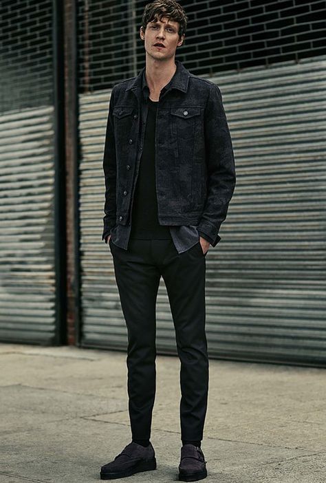 How To Wear All-Black: The Ultimate Menswear Move | FashionBeans Black Jean Jacket Outfit, All Saints Clothing, Black Denim Jacket Outfit, Black Denim Vest, Black Outfit Men, Men's Denim Style, Black Jean Jacket, Black Jeans Men, Jean Jacket Outfits