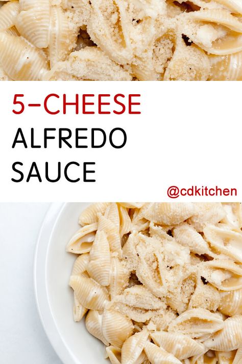 5 Cheese Alfredo Sauce - This rich sauce uses five different types of cheese to make a perfect blend of smoky, salty flavors. Serve it over fettuccine or your favorite pasta (goes great with tortellini too!) - Made with heavy cream, butter, garlic, Parmesan cheese, Asiago cheese, white cheddar cheese, mozzarella cheese, cream cheese, black pepper | CDKitchen.com Cheese Alfredo Sauce, Four Cheese Pasta, White Pasta Sauce Recipe, Different Types Of Cheese, Edible Recipes, Make Alfredo Sauce, Spagetti Recipe, Cream Cheese Sauce, Cheese Sauce For Pasta