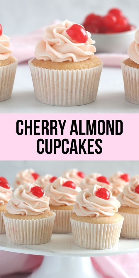 Cherry almond cupcakes with cherry almond buttercream. This homemade cupcake recipe is easy and delicious! Cupcake With Whipped Cream Frosting, Cherry Almond Cupcakes, Boxed Cupcake Recipes, Almond Cupcake Recipes, Cherry Torte Recipe, Cherry Almond Muffins, Cherry And Almond Cake, Homemade Cupcake Recipes, Almond Cupcakes