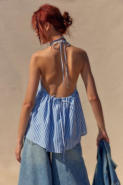 Nigel Preston Stripe Peplum Halter Top How To Style Peplum Tops, 2024 Summer Outfits For Women, Low Neck Top, Aesthetic Vest, High Neck Halter Top, Shorts Sewing, Backless Shirt, Sleeveless Peplum Top, Hot Top