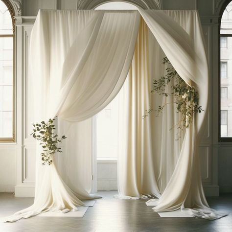 Ivory Wedding Arch Ceremony Backdrop, Draped Alter Wedding, Drapery Arch Wedding, Elegant Backdrops For Wedding, Chiffon Wedding Backdrop, Draped Greenery Wedding, Non Floral Wedding Backdrop, Wedding Arch With Curtains, Wedding Arch Draping Ideas