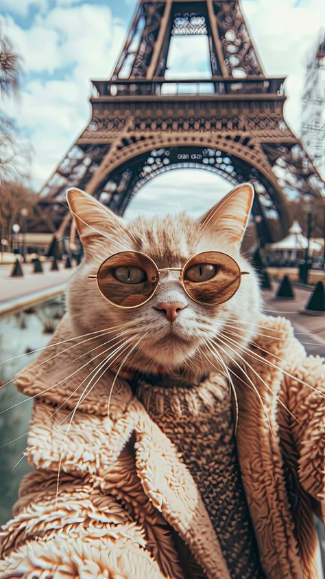 Cats In Paris, Cat Photography Ideas, Cat With A Hat, French Cat, Travel Cat, Photography Ideas At Home, Cat Selfie, Silly Cats Pictures, 4 Images