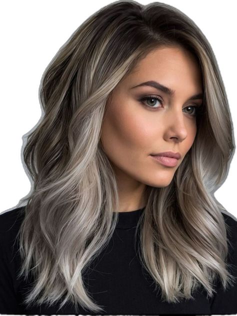 Light Ash Balayage On Dark Hair, Ashy Toned Hair, One Tone Blonde Hair, Brunette With Icy Blonde Highlights, Ash Brown Hair Blonde Highlights, Icy Brunette Hair, Mushroom Blonde Balayage Dark Roots, Hair Color For Dark Roots, Balayage Hair Cool Tone