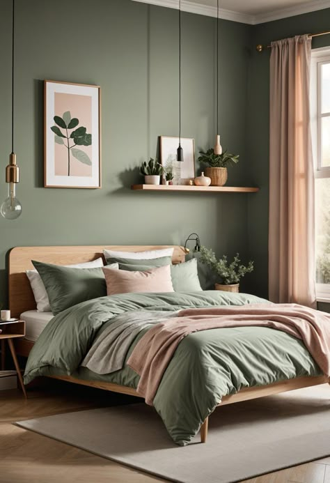 30 Chic Sage Green and Blush Bedroom Ideas 43 Eucalyptus Bedroom Color Palettes, Green Boho Room Ideas Bedroom, Soft Green Room, Sage Accent Wall Bedroom, Cottagecore Bedroom Ideas, Light Green Bedrooms, Sage Bedroom, Green Bedroom Walls, Blush Bedroom