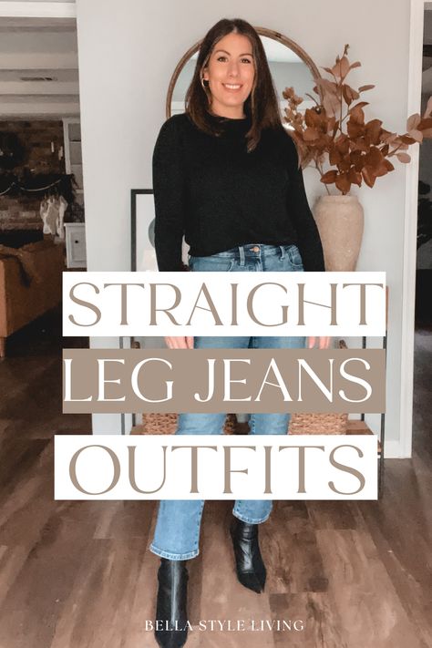 How To Style Blue Straight Jeans, Tops For Straight Jeans, Straight Leg Jeans With Boots Outfits, Outfit Ideas With Straight Jeans, Tops With Straight Jeans, Straight Dark Jeans Outfit, Straight Leg Jean Outfits Winter, How To Style Jeans In Winter, What Shoes With Straight Leg Jeans