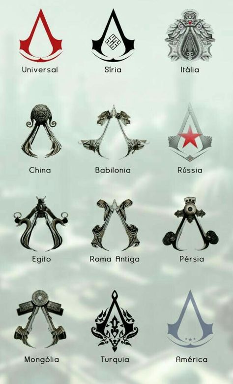 Never realized that each logo represented a different country (although, it makes sense that they change it for each different game in the series) Assassins Creed Symbol, Assassins Creed Tattoo, Assassin's Creed Hidden Blade, Assasing Creed, Assassins Creed Logo, Assassins Creed Movie, Durarara!!, Assassin's Creed Wallpaper, Assassins Creed Series