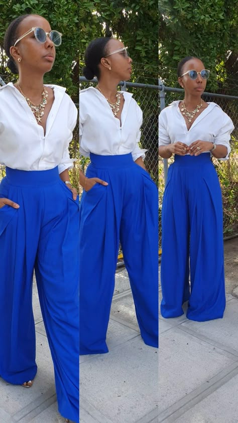 Cobalt Pants Outfit, Royal Blue Pants Outfit, Momma Outfits, Fancy Pants Outfit, Blue Trousers Outfit, Flare Outfit, Blue Pants Outfit, Wide Leg Trousers Outfit, Royal Blue Outfits