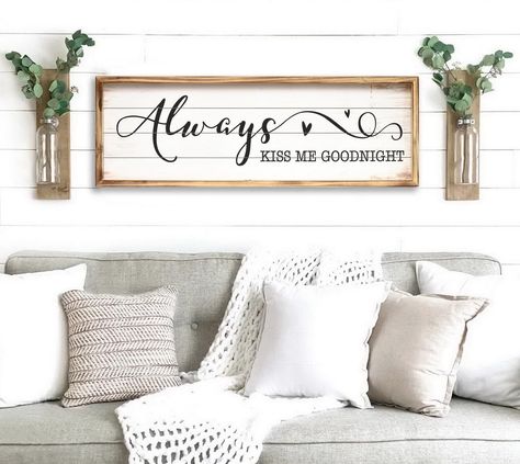 PRICES MAY VARY. Elevate Bedroom Decor: Add a touch of romance with this "Always Kiss Me Goodnight" wall sign. Crafted with a solid wood frame, it complements farmhouse aesthetics, enhancing your bedroom's ambiance. It's perfect for above-bed placement with some small decoration on both side. Love-Centric Design: Measuring 27.5"W x 9.5"H, this charming decor piece is perfect for couples seeking an endearing focal point above their bed. Its love-themed motif creates a warm, inviting atmosphere. P Farmhouse Signs For Living Room, Always Kiss Me Goodnight Sign Above Bed, Together Is Our Favorite Place To Be, Small Living Room Farmhouse Style, Modern Farmhouse Living Room Decor Ideas, Above Couch Wall Decor Modern, Farmhouse Large Wall Decor, Simple Farmhouse Living Room, Farmhouse Small Living Room