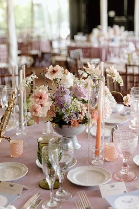 Wedding Table Setting Adorned with Pastel Florals | wedding, wedding inspo, wedding decor, wedding reception decor, wedding tablescapes, wedding table decor, wedding table ideas, wedding table centerpieces, wedding linens, linens for wedding, wedding tablecloths, linens for events, luxury linens, elegant linens, couture linens, patterned linens, elegant wedding decor, 2024 wedding, pink wedding, pink linens, velvet linens, table decorations, table ideas #weddingreception #tabledecor #linens Colored Linens Wedding Tablecloths, Round Table Setting Ideas Wedding Boho, Pink Table Runner Wedding, Pink Tablecloth Wedding, Boda Boho Chic, Pastel Table Setting, Spence Cabin, Linens For Wedding, Pink Wedding Table