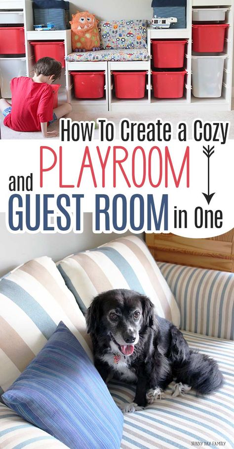 How to Create a Cozy Guest Room and Playroom in One Guest Bedroom Playroom Combo Ideas, Small Family Room Dining Room Combo, Guest Room Family Room Combo, Guest Bedroom Family Room Combo, Family Guest Room, Small Playroom Guest Room Combo, Guest Bedroom For Grandkids, Playroom And Guest Room Combo Ideas, Toy Room Guest Room Combo