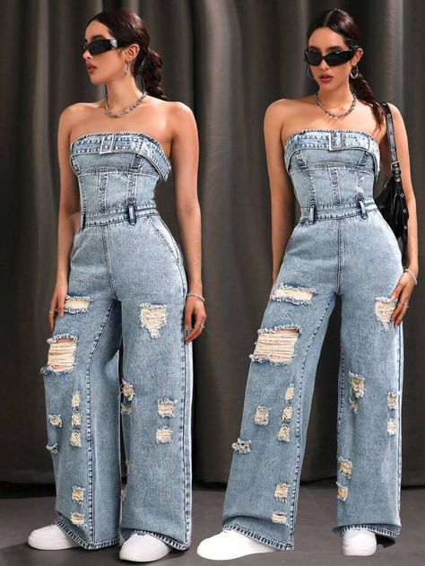 Shein Stuff, Denim Jumpsuit Outfit, Jump Suits, Casual Chic Outfits, Cute Modest Outfits, Womens Trendy Dresses, Jeans Overall, Jumpsuit Blue, Shein Icon