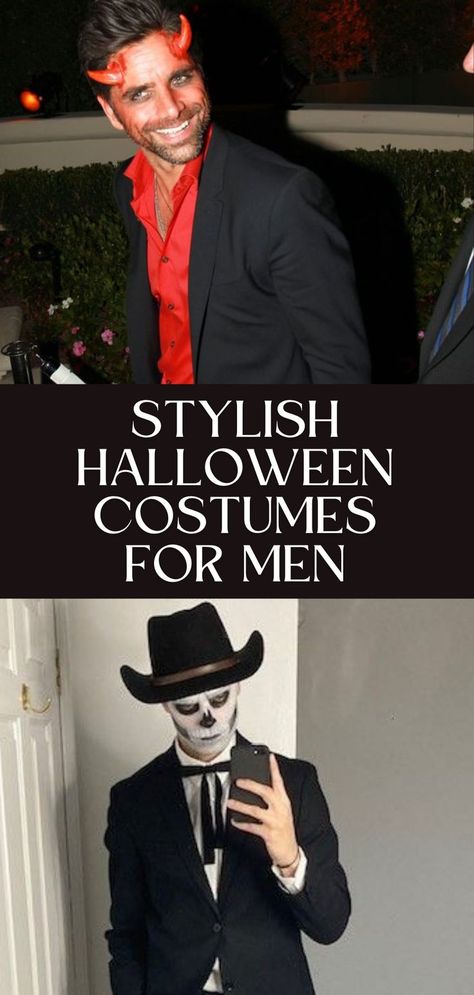 cowbow skeleton and stylish devil in a black and red suit from john stamos Cute Mens Halloween Costumes, Creative Men Costumes, Mens Batman Costume Diy, Best Men Halloween Costumes, Vampire Costume Ideas For Men, Halloween Makeup Men Scary, Black Halloween Costumes Men, Men’s Holloween Costume Ideas, Halloween Costume Diy Men