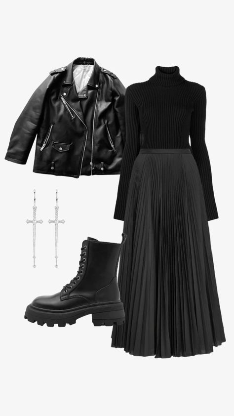 winter collection Goth Outfits With Leather Jacket, Dark Teacher Outfits, Dark Romance Aesthetic Outfits, Pure Black Outfit, Edgy Modest Outfits, School Winter Formal Dresses, Goth Corporate Work Outfits, Nugoth Outfits, Midsize Goth