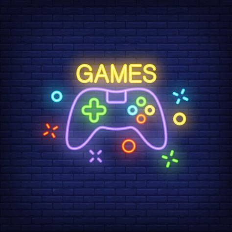 Console with games lettering. neon sign ... | Free Vector #Freepik #freevector #background #banner #technology #city Brick Background, City Silhouette, Neon Aesthetic, Neon Wallpaper, Game Background, Brochure Cover, Gaming Wallpapers, Photos Hd, Game Logo