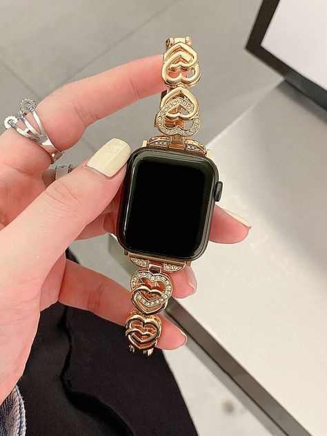 Gold Collar Stainless Steel Heart Smartwatch Bands Embellished Smart Watches & Accs Gold Apple Watch Band, Cute Apple Watch Bands, Apple Watch Fashion, Heart Watch, Apple Watch Bracelets, Apple Watch Accessories, Hand Watch, Jewelry Accessories Ideas, 38mm Apple Watch Band