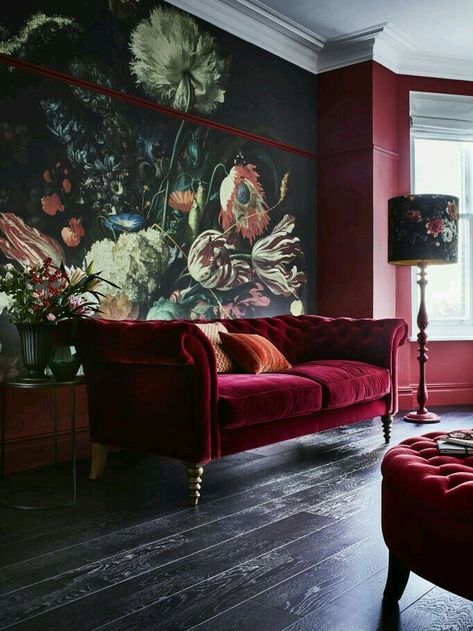 Variations on a theme.............. Dark Floral Interior, Dark Jewel Tone Home Decor, Jewel Tone Velvet Couch, Home Decor Jewel Tones, Dark Floral Wallpaper Living Room, Jewel Tone Floral Wallpaper, Dark Burgundy Living Room, Red Velvet Couch Living Room Ideas, Eclectic Mantel Decorating Ideas