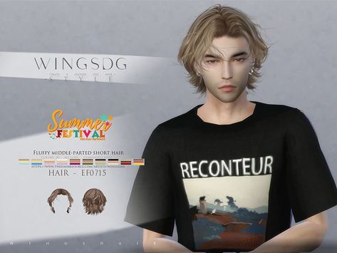 The Sims Resource - WINGS-EF0715-Fluffy middle-parted short hair Wingssims Hair Cc, Sims 4 Alpha Hair Cc Male, Sims 4 Fluffy Hair, Hair Wings, Mod Hair, Hair Male, Middle Part Hairstyles, Sims Hair, Short Hair Color