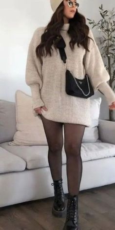 Cold Outfits To Go Out, New Years Cozy Outfit, Sweater With Stockings Outfit, Sweater Dress With Stockings Tights, Going Out Outfits 2023 Winter, Dresses With Stockings Outfit Fall, Knitted Sweaters Dress Outfit, Causal Party Outfits Winter, Casual Bday Outfits Winter