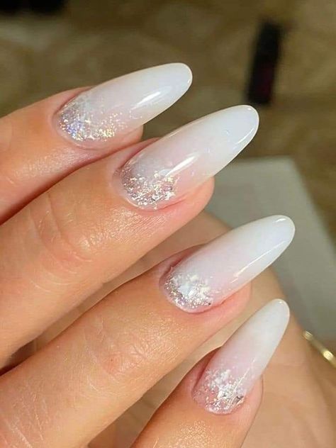 Classy Glitter Nails Almond, Milky White Nails With Glitter Almond, Milky White Nails With Glitter Ombre, Milky Glitter Ombre Nails, Glitter Milky Nails, Milky White Nails With Design Almond, Nails White With Glitter, Milky White Nails Glitter, Milky Nails Almond