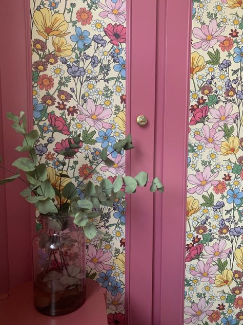 Cupboard Upcycle Ideas, Wallpapered Wardrobe Doors, Rangwali Farrow And Ball, Cupboard Wallpaper, Wallpaper On Furniture, Wardrobe Upcycle, Upcycle Wardrobe, Wallpaper Wardrobe, Cupboard Ideas Bedroom