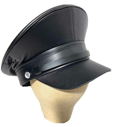 Gothic Punk Military black synthetic leather peak hat.  This is a Military style hat Please refer to photos. Available in size 56,57,58,59cm It is brand new. Thank you for looking. Goth Hat, Industrial Punk, Agejo Gyaru, Army Hat, Types Of Hats, Military Cap, Steampunk Wedding, Military Hat, Top Hats