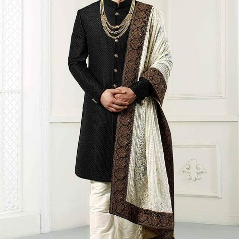 Featuring a #black quilted #indowestern #sherwani complemented with the georgette luckhnavi work shawl/dupatta with all over #handwork on… Sherwani For Men Wedding Royals, Sherwani For Men Wedding Indian Groom, Mens Wedding Wear Indian, Sherwani Groom Wedding, Indian Sherwani, Sherwani Wedding, Groom Sherwani, Sherwani For Men Wedding, Wedding Kurta For Men