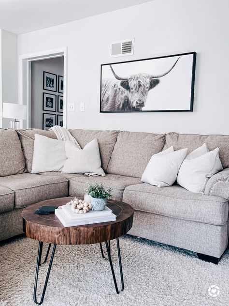 Highland Cow Living Room Decor, Cow Decor Living Room, Cow Living Room Decor, Cow Living Room, Living Room Decor Spring, Brown And Cream Living Room, Modern Traditional Decor, Colorado Living, Farmhouse Style Living Room