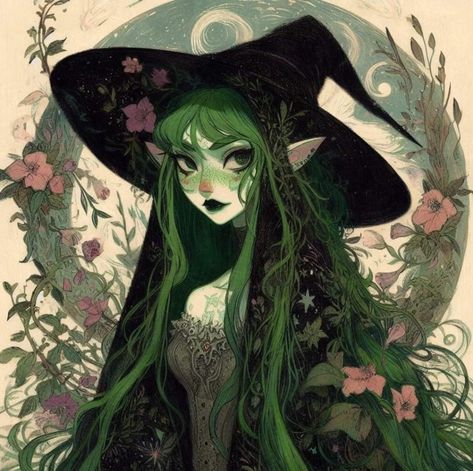 Green Skin Witch Art, Green Characters Aesthetic, Plant Witch Art, Green Witch Illustration, Forest Goddess Art, Characters With Green Hair, Witch Oc Art, Forest Witch Art, Green Witch Art