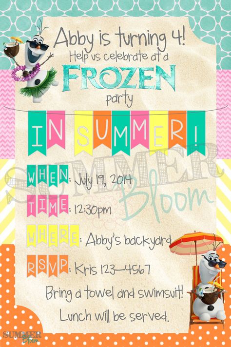 Frozen Swimming Birthday Party, Olaf In Summer Birthday Party, Frozen In Summer Birthday Party, Olaf Summer Birthday Party, Summer Themed Birthday Party, Frozen Birthday Party Invites, Frozen Fever Birthday, Frozen Fever Party, Olaf Summer