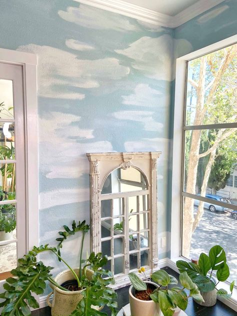 Decorating With Greenery, Cloud Mural, Painted Clouds, Best Blue Paint Colors, Tips For Painting, Wall Murals Diy, Living Room Murals, Condo Living Room, Kids Room Murals